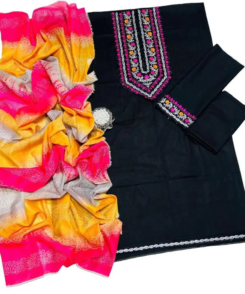 Embroidered Lawn Suit with Bamber Embroidered Dupatta (3 Pc - Black)