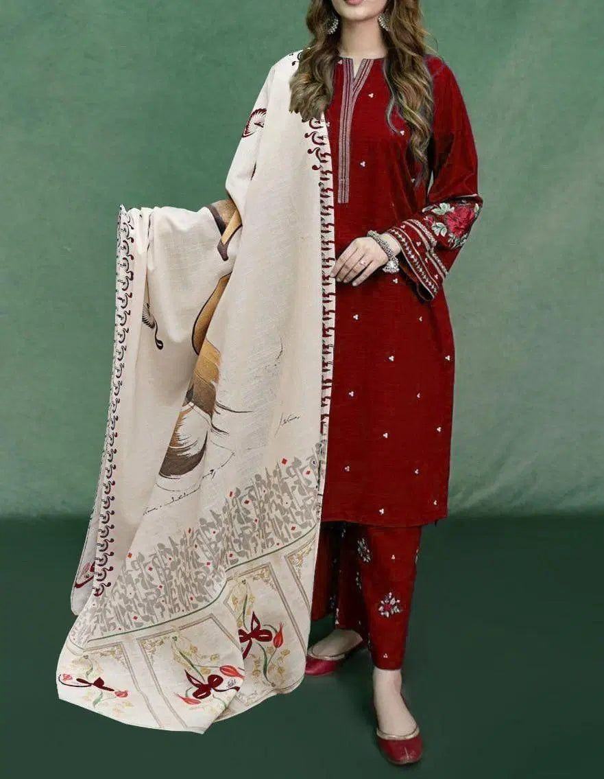 3 Pcs Women's Unstitched Embroidered Suit