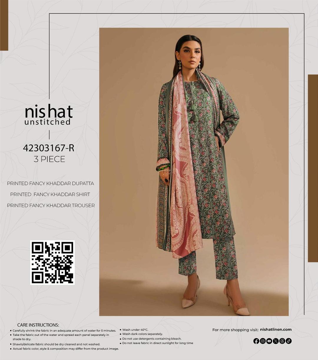 3 Pcs Women's Unstitched Khaddar Printed Suit