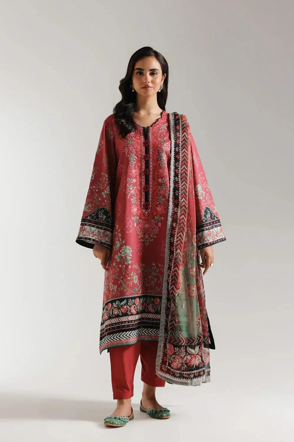 Printed Lawn Suit with Dobby Lawn Dupatta (3 Pc - Red)