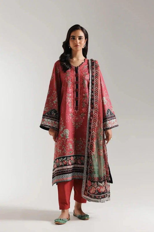 Printed Lawn Suit with Dobby Lawn Dupatta (3 Pc - Red)