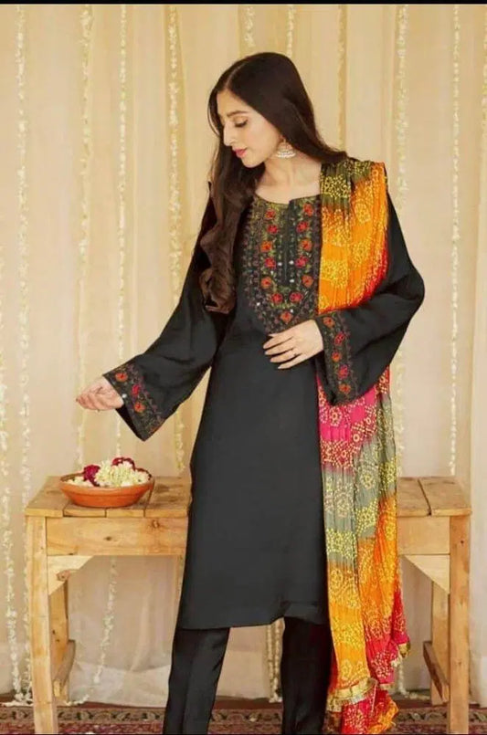 Embroidered Lawn Suit with Bamber Embroidered Dupatta (3 Pc - Black)