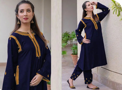 2 Pcs Women's Stitched Linen Embroidered Shirt And Trouser