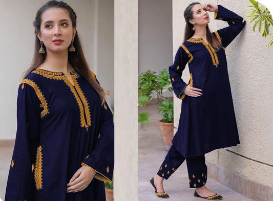 2 Pcs Women's Stitched Linen Embroidered Shirt And Trouser