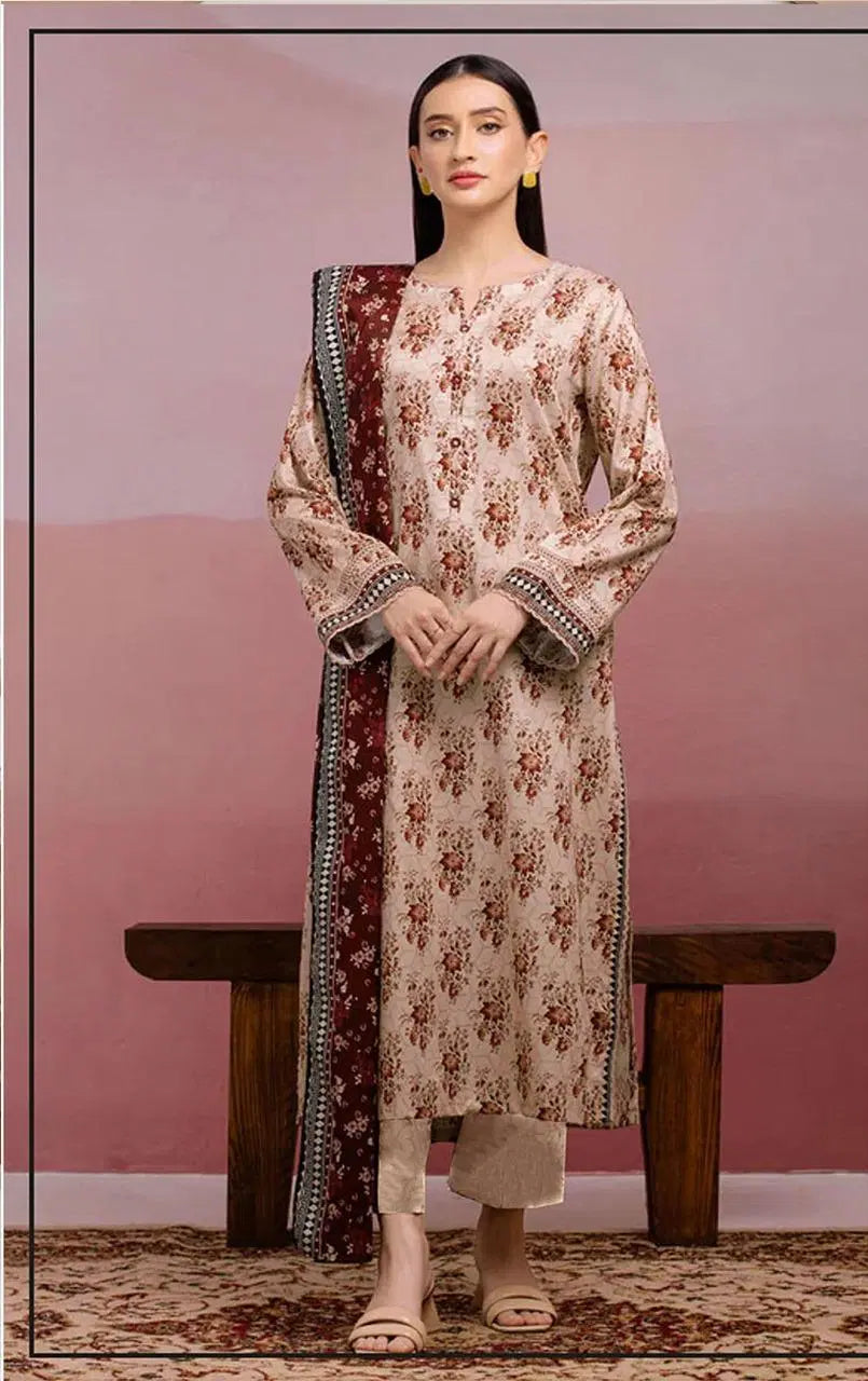 Printed Dobby Lawn Suit with Dobby Lawn Dupatta (3 Pc - Brown)