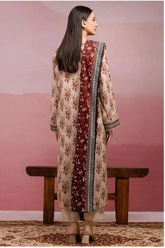 Printed Dobby Lawn Suit with Dobby Lawn Dupatta (3 Pc - Brown)