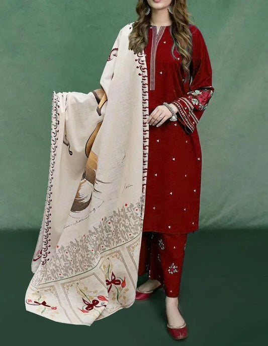 3 Pcs Women's Unstitched Embroidered Suit