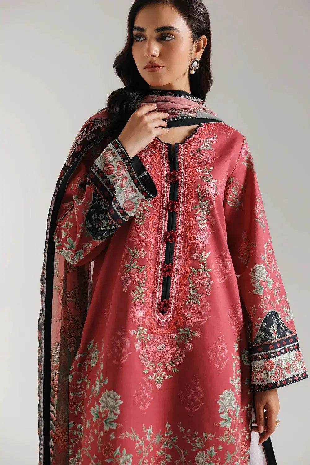 Printed Lawn Suit with Dobby Lawn Dupatta (3 Pc - Red)