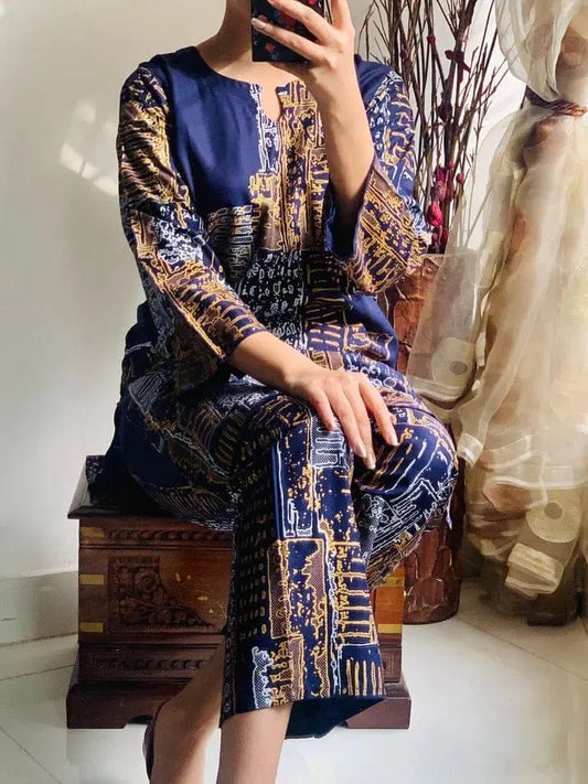 2 Pcs Women's Elegant  Stitched Linen Block Printed Shirt And Trouser